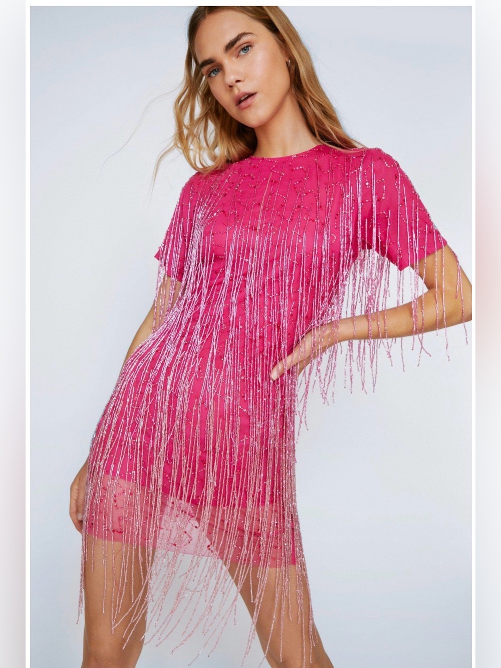 Nasty Gal Tassel Beaded Mini Shift Pink Dress 12